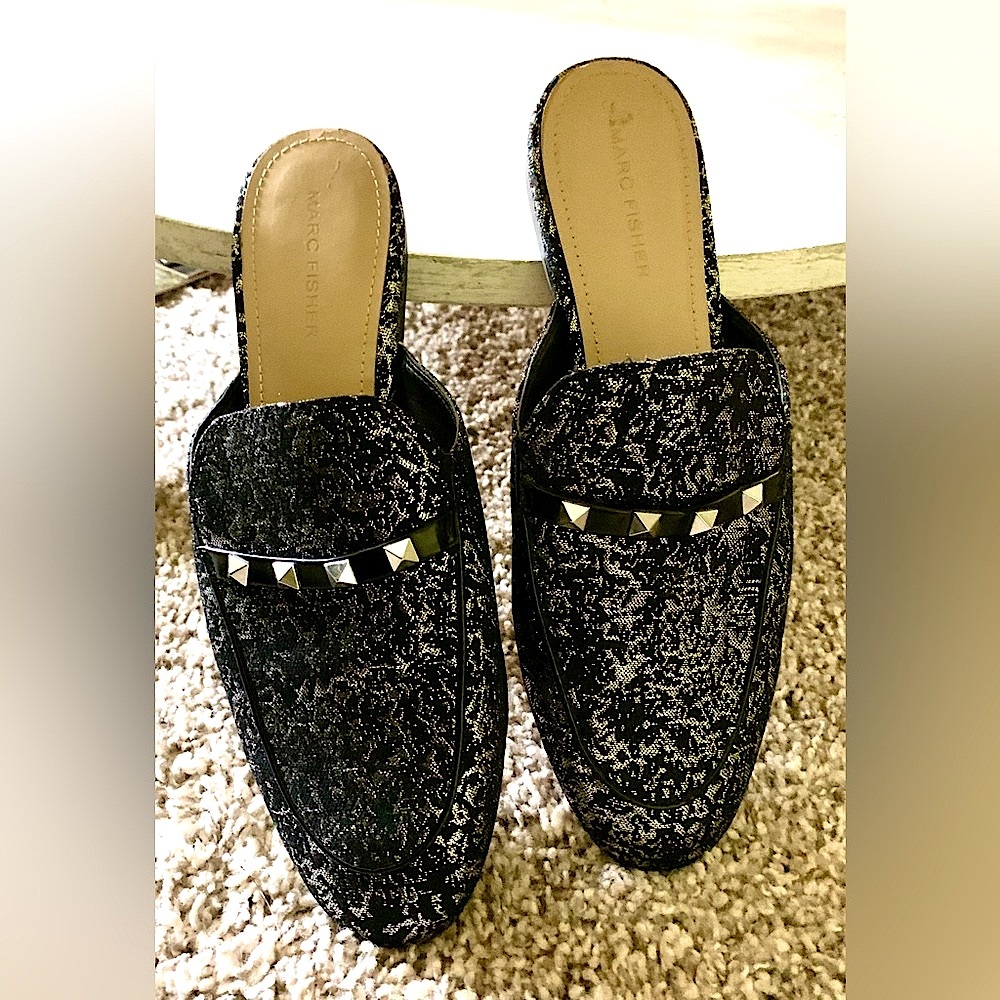 Marc Fisher Wishing Metallic Brocade Studded Black and Silver Flat Loafe…